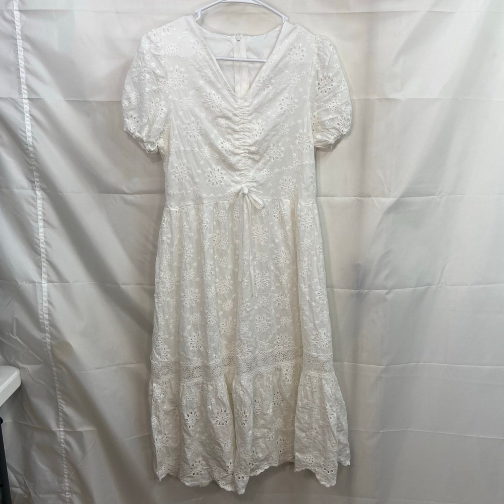 Women's white puff sleeve eyelet cutout‎ tiered cottagecore peasant dress small